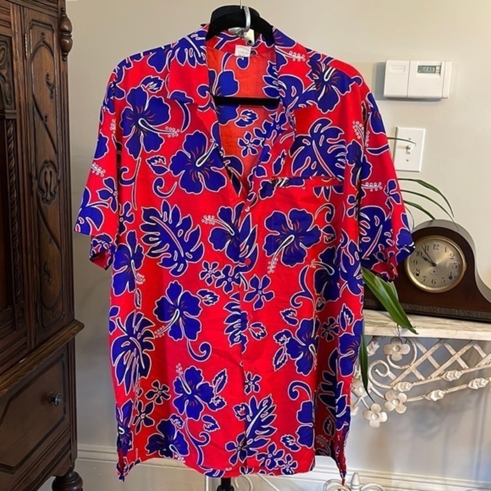 RIMA‎ Caribbean Hawaiian Style Red/Blue Short Sleeve Button Up Shirt L